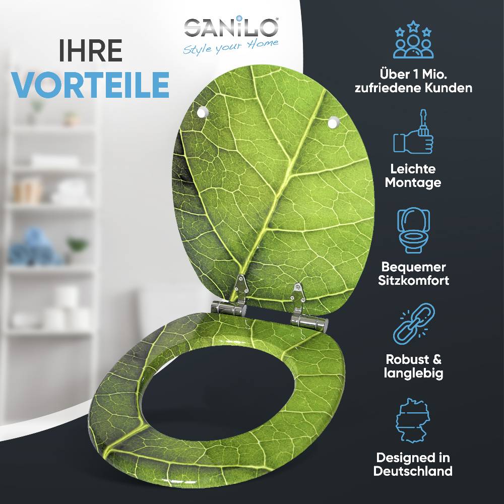 Sanilo WC-Sitz mit Absenkautomatik Blatt - Premium Toilettendeckel direkt vom Hersteller