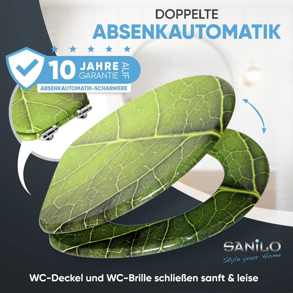 Sanilo WC-Sitz mit Absenkautomatik Blatt - Premium Toilettendeckel direkt vom Hersteller Großer Ausverkauf