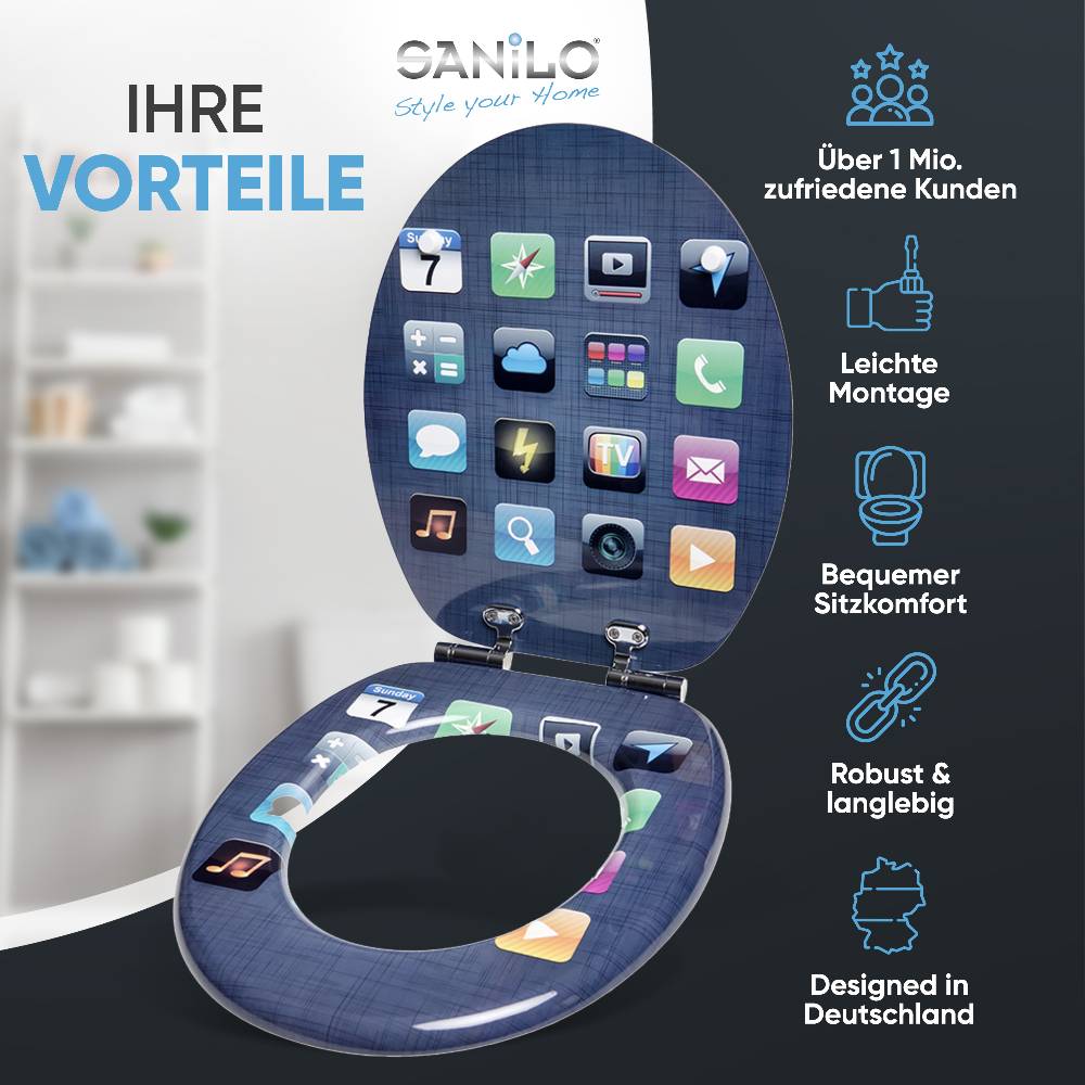 Sanilo WC-Sitz mit Absenkautomatik App - Premium Toilettendeckel direkt vom Hersteller