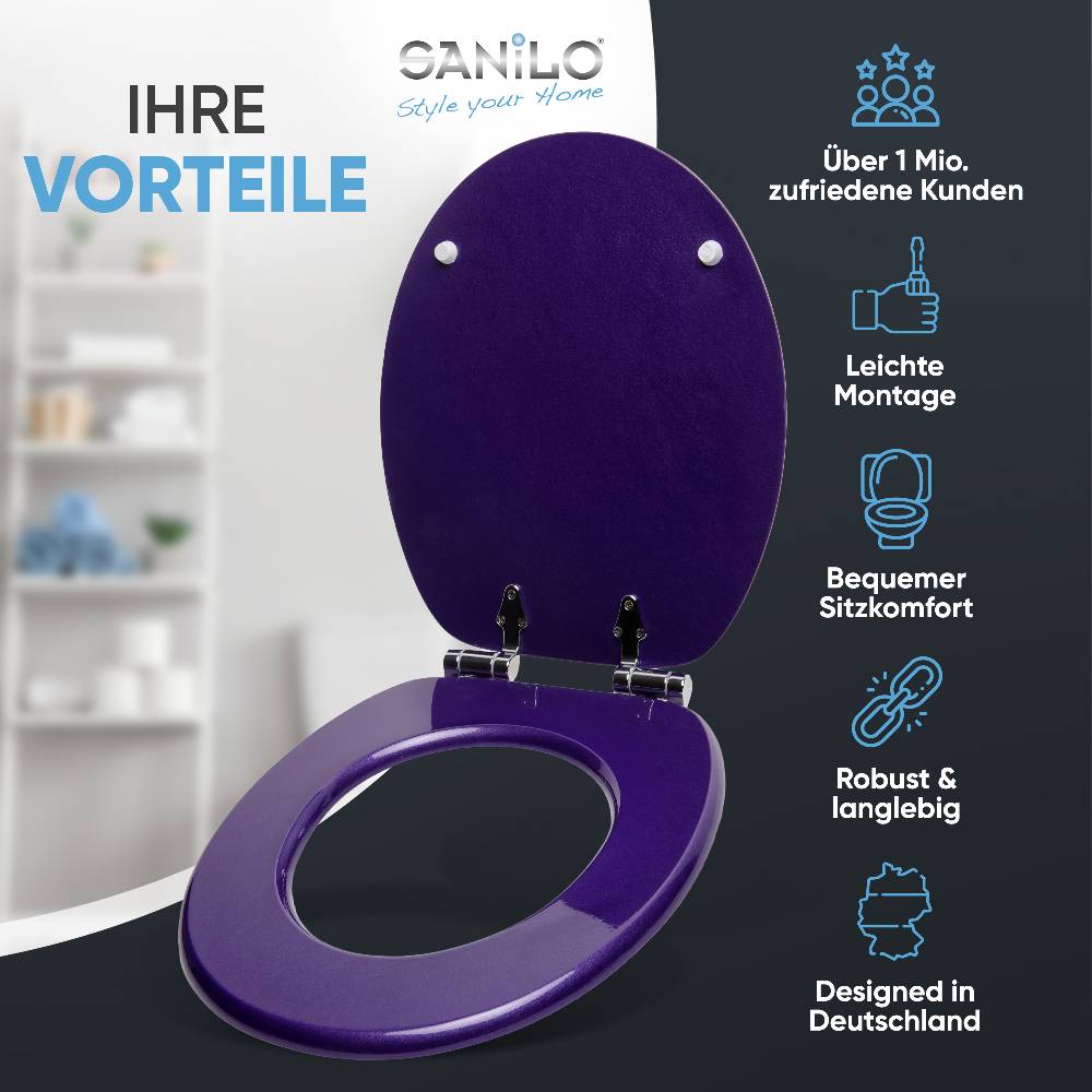 Sanilo WC-Sitz mit Absenkautomatik Glitzer Lila - Premium Toilettendeckel direkt vom Hersteller