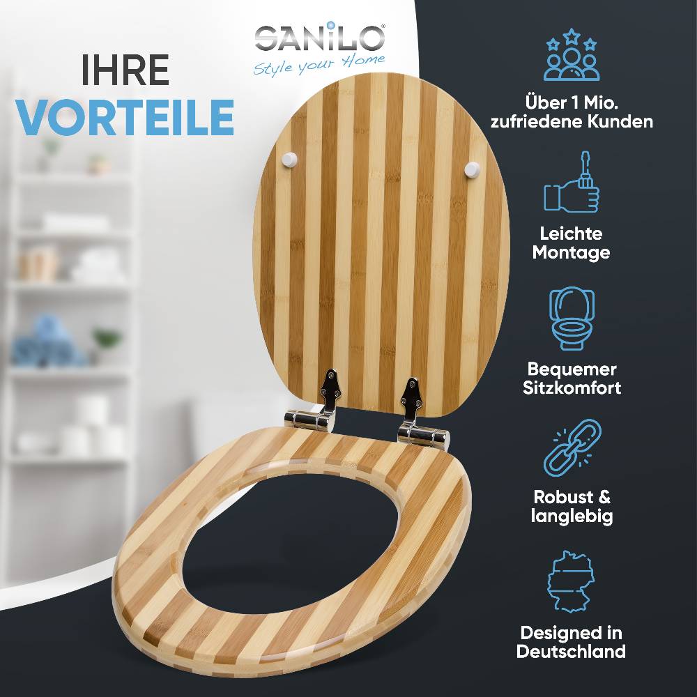 Sanilo WC-Sitz mit Absenkautomatik Bambus Gestreift - Premium Toilettendeckel direkt vom Hersteller