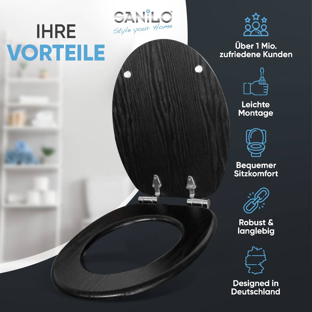 Sanilo WC-Sitz mit Absenkautomatik Black Wood - Premium Toilettendeckel direkt vom Hersteller