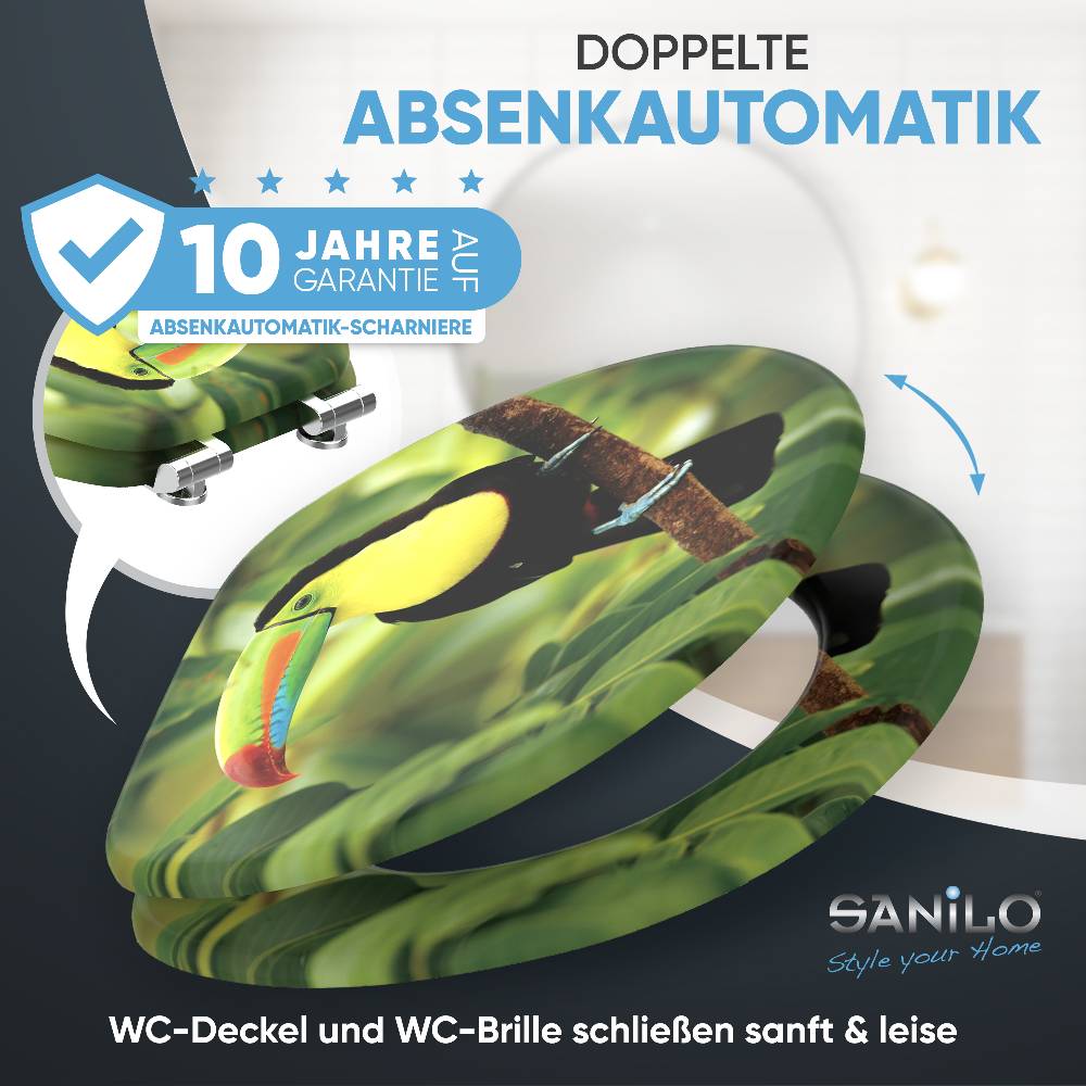 Sanilo WC-Sitz mit Absenkautomatik Toucan - Premium Toilettendeckel direkt vom Hersteller Blitzverkäufe