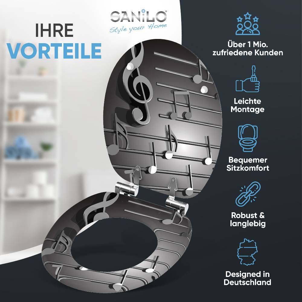 Sanilo WC-Sitz mit Absenkautomatik Musical Notes - Premium Toilettendeckel direkt vom Hersteller