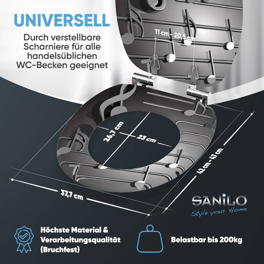 Sanilo WC-Sitz mit Absenkautomatik Musical Notes - Premium Toilettendeckel direkt vom Hersteller Fabrikpreis