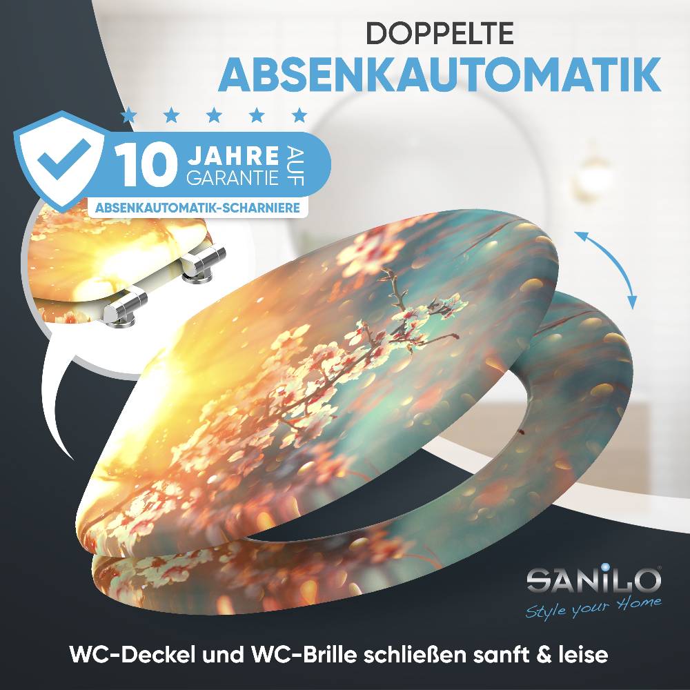 Sanilo WC-Sitz mit Absenkautomatik Kirschblüte - Premium Toilettendeckel direkt vom Hersteller Rabatt