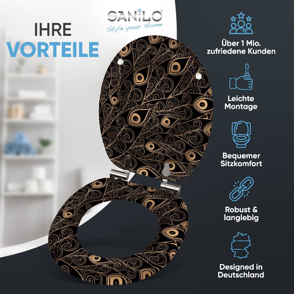 Sanilo WC-Sitz mit Absenkautomatik Pfau - Premium Toilettendeckel direkt vom Hersteller