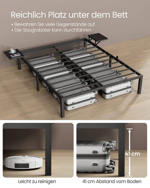 Songmics VASAGLE Doppelbettgestell aus Metall 140 x 190 cm mit Aufbewahrungsregalen Im Verkauf