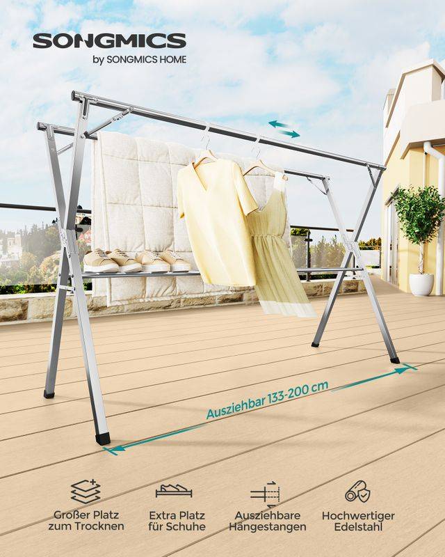 Songmics SONGMICS Wäscheständer 133-200 cm ausziehbar und freistehend Saisonschlussverkauf