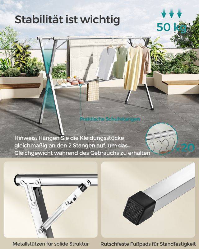 Songmics SONGMICS Wäscheständer 133-200 cm ausziehbar und freistehend Saisonschlussverkauf