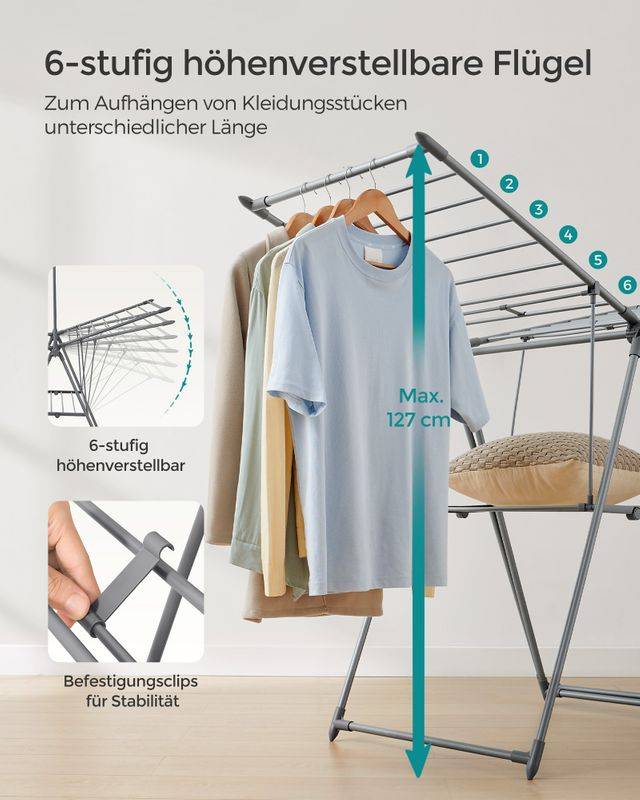 Songmics SONGMICS Wäscheständer mit 2 Ebenen und 2 Flügel grau Valentinstagsangebot