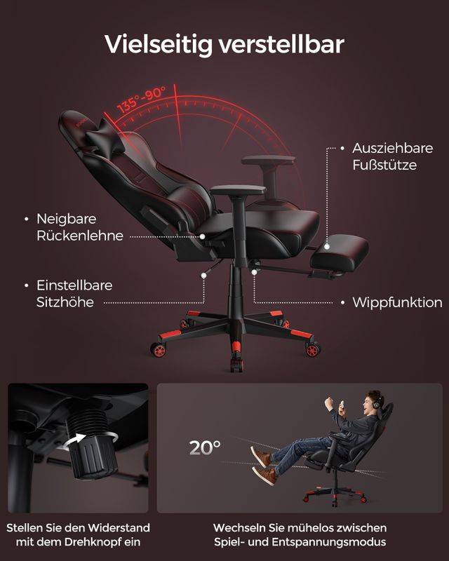 Songmics SONGMICS Bürostuhl ergonomisch Armlehnen Kopfkissen schwarz-rot Black Friday
