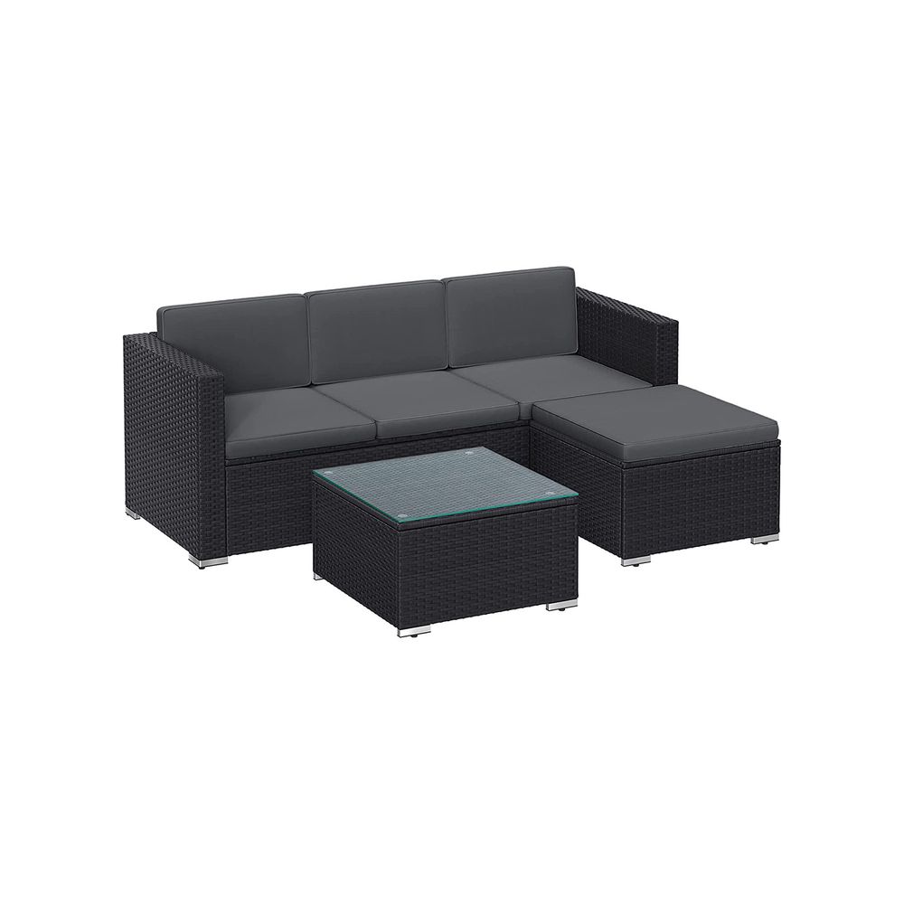 Songmics SONGMICS Gartenmöbel-Set mit Kissen und Glastisch schwarz-grau
