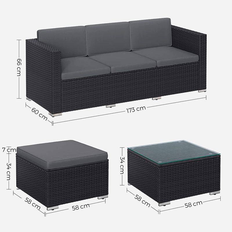 Songmics SONGMICS Gartenmöbel-Set mit Kissen und Glastisch schwarz-grau Tiefpreis