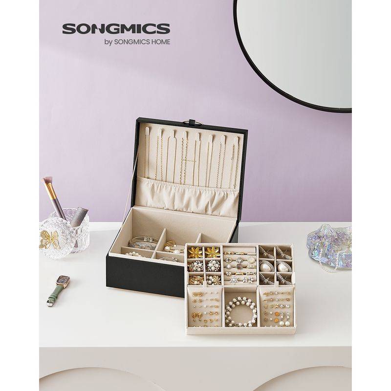 Songmics SONGMICS Schmuckkästchen 2 Ebenen mit Griff und flexiblem Schmucktablett schwarz Schlussverkauf