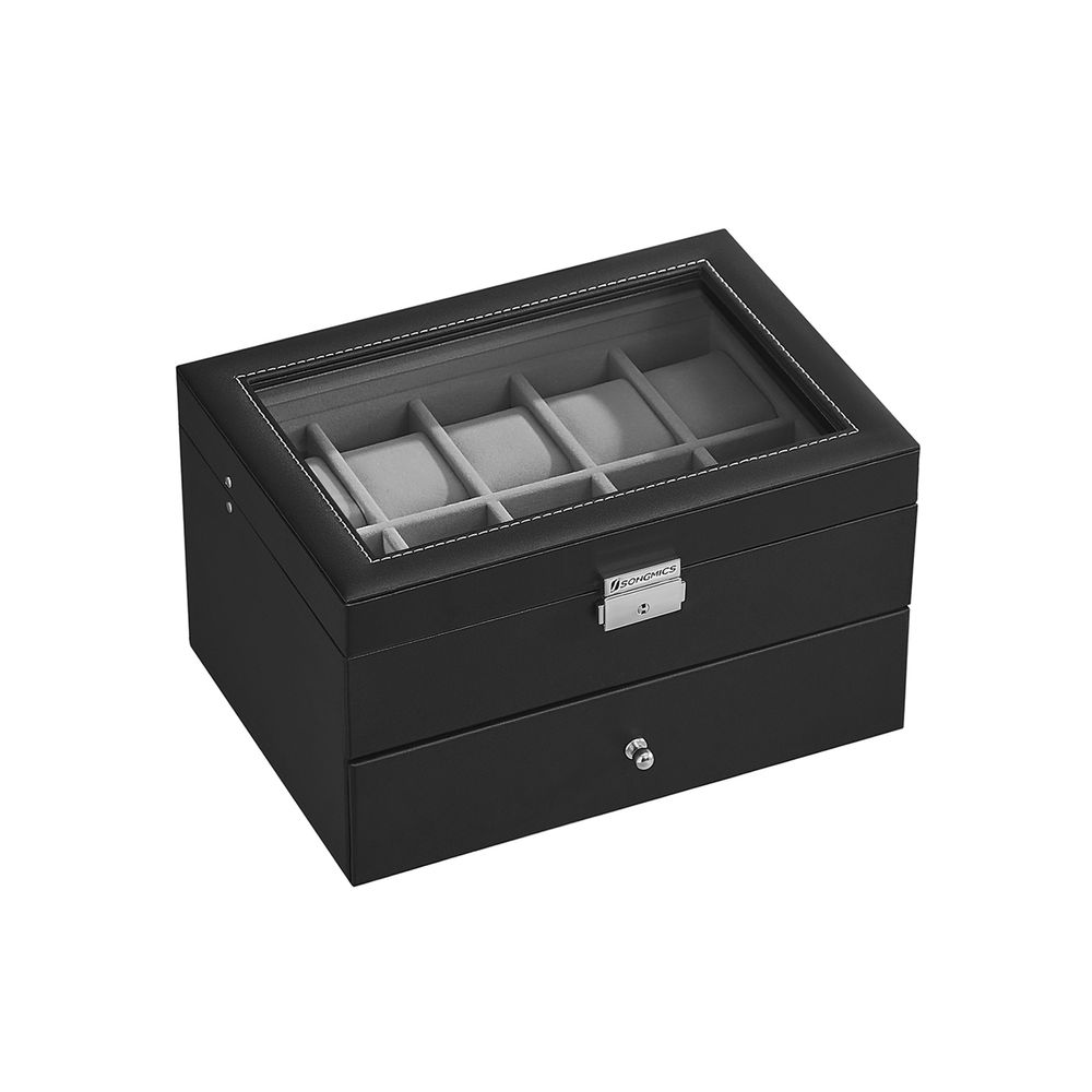 Songmics SONGMICS Uhrenbox 2 Ebenen mit Glasdeckel und herausnehmbaren Uhrenkissen