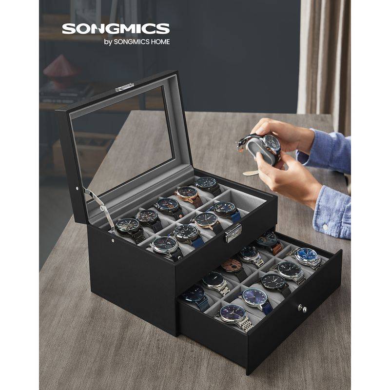 Songmics SONGMICS Uhrenbox 2 Ebenen mit Glasdeckel und herausnehmbaren Uhrenkissen Saisonschlussverkauf