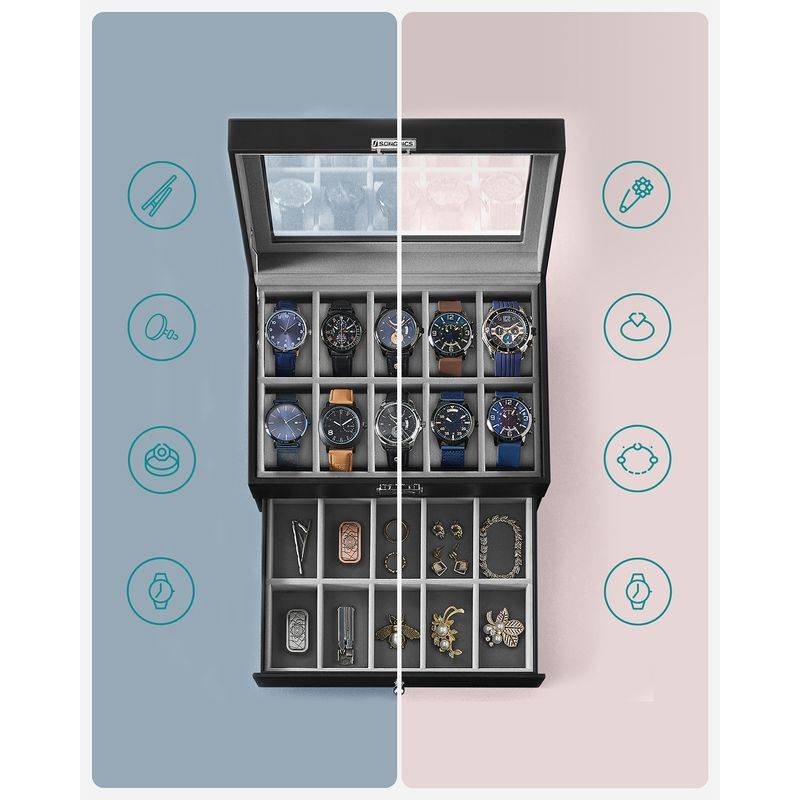 Songmics SONGMICS Uhrenbox 2 Ebenen mit Glasdeckel und herausnehmbaren Uhrenkissen Saisonschlussverkauf