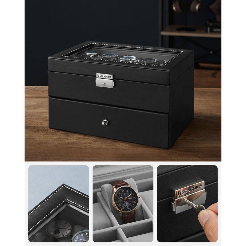 Songmics SONGMICS Uhrenbox 2 Ebenen mit Glasdeckel und herausnehmbaren Uhrenkissen Saisonschlussverkauf