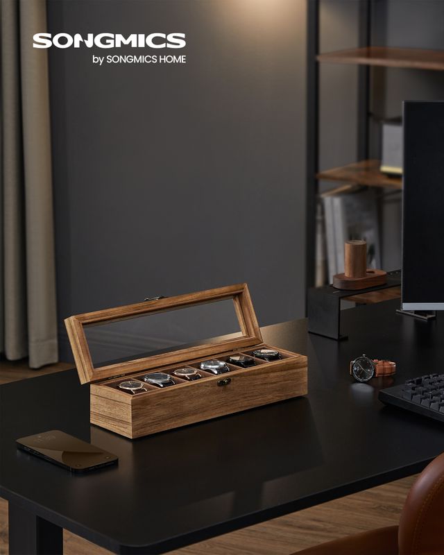 Songmics SONGMICS Uhrenbox 6 Fächer aus Massivholz mit Glasdeckel walnussfarben Black Friday