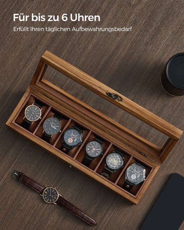 Songmics SONGMICS Uhrenbox 6 Fächer aus Massivholz mit Glasdeckel walnussfarben Black Friday