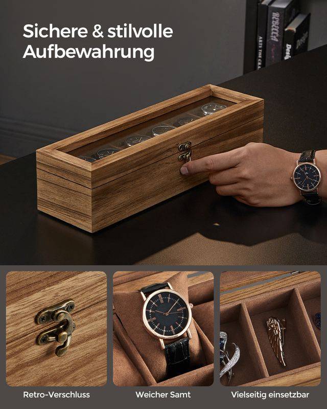 Songmics SONGMICS Uhrenbox 6 Fächer aus Massivholz mit Glasdeckel walnussfarben Black Friday