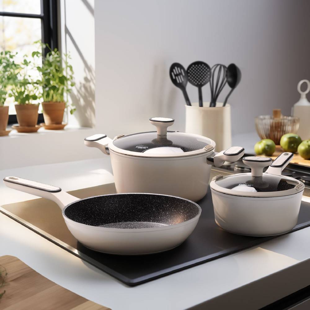 Stoneline Kochgeschirr-Set 11-teilig 18/20/24 Creme mit Deckeln Tiefpreis