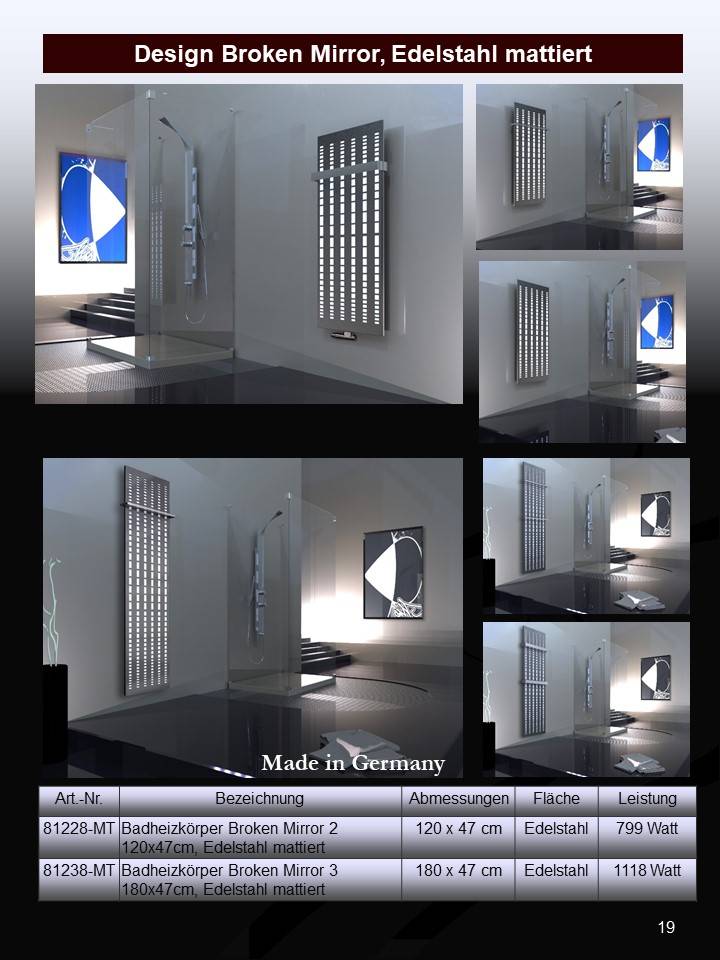Szagato BADHEIZKÖRPER Design broken Mirror 2 120x47cm 799 Watt Edelstahl matt (+1 Halter 15mm) SZAGATO Designheizkörper mit Mittelanschluss Handtuchwärmer JETZT KAUFEN