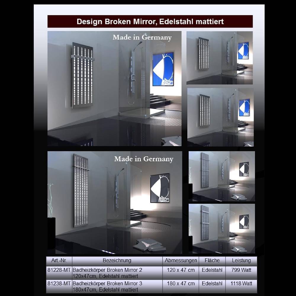 Szagato BADHEIZKÖRPER Design broken Mirror 2 120x47cm 799 Watt Edelstahl matt SZAGATO Designheizkörper Handtuchheizkörper mit Mittelanschluss Handtuchwärmer Letzte 2 Tage