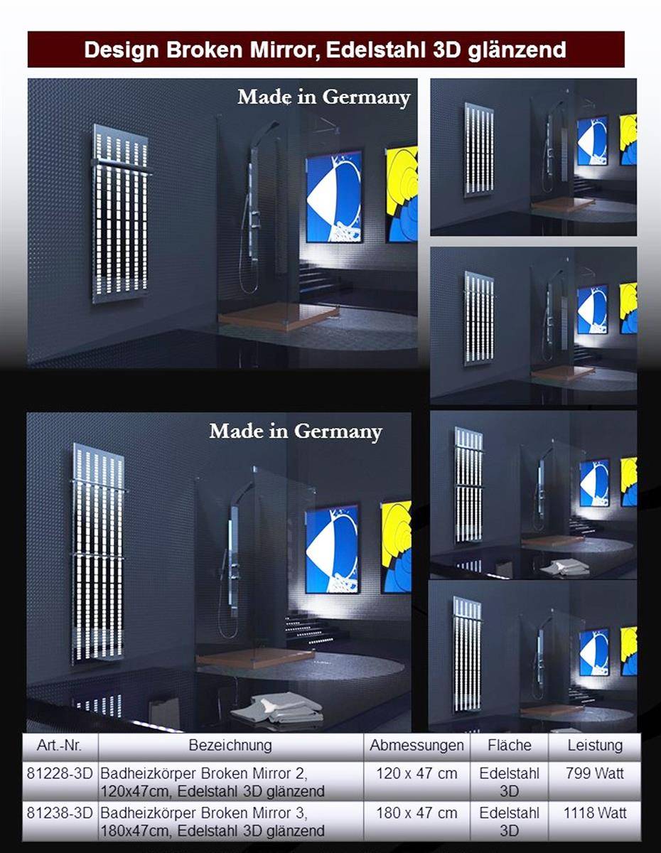 Szagato BADHEIZKÖRPER Design broken Mirror 3 180x47cm 1118 Watt Edelstahl (+1 Halter glänzend 50mm) SZAGATO Designheizkörper Mittelanschluss Handtuchwärmer Super Rabatt