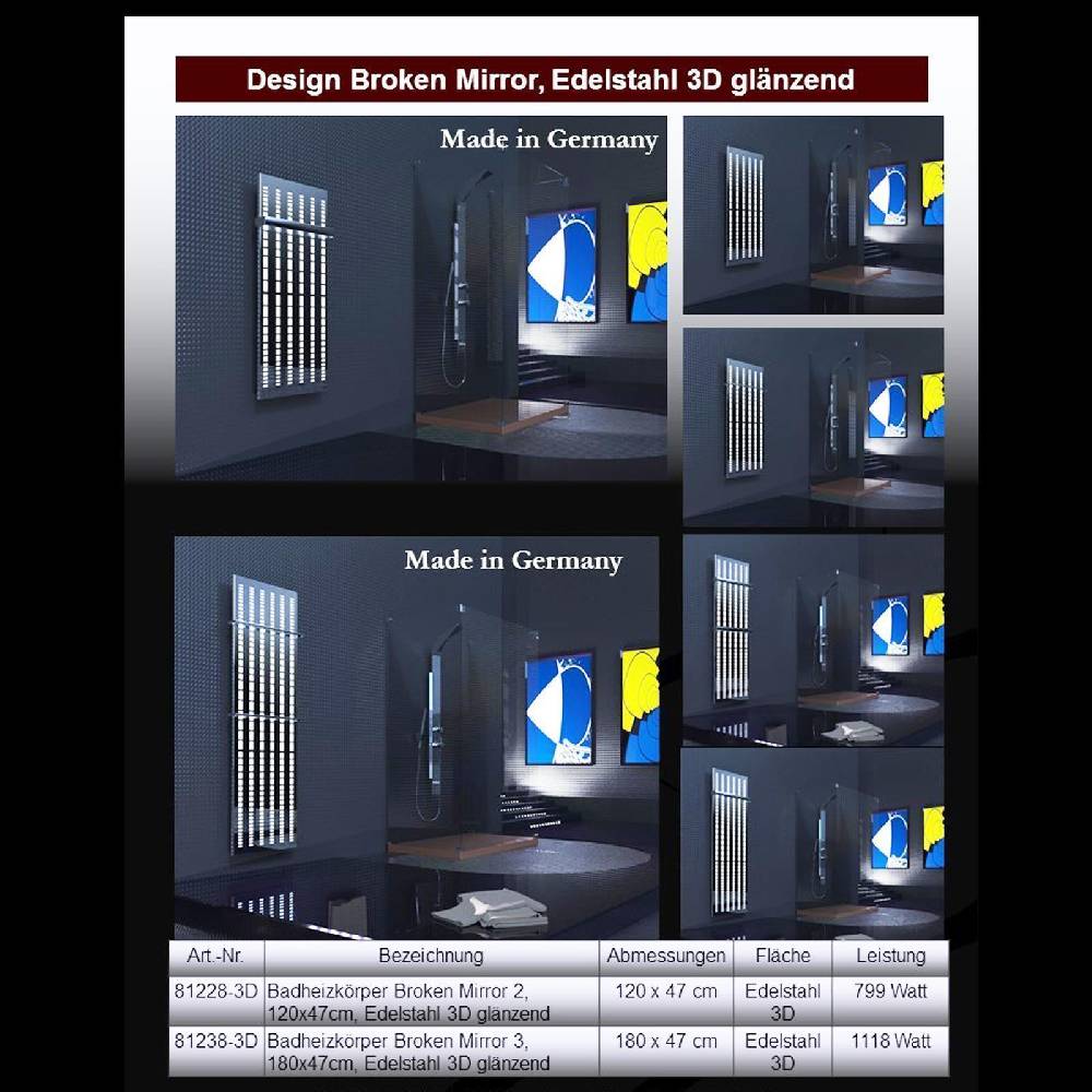 Szagato BADHEIZKÖRPER Design broken Mirror 3 180x47cm 1118 Watt Edelstahl (+2 Halter 50mm) SZAGATO Designheizkörper Handtuchheizkörper mit Mittelanschluss 50% Rabatt mit kostenlosem Versand