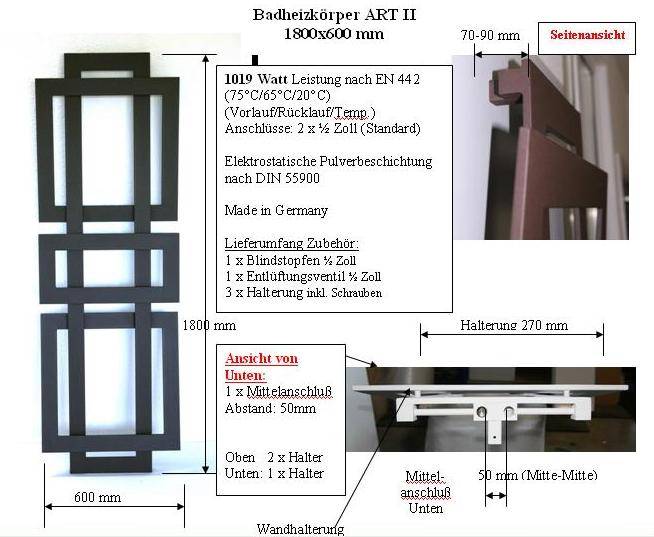 Szagato BADHEIZKÖRPER Design ART II (breite Version) 180x60cm 1019Watt schwarz SZAGATO Designheizkörper Handtuchheizkörper mit Mittelanschluss Handtuchwärmer Im Verkauf