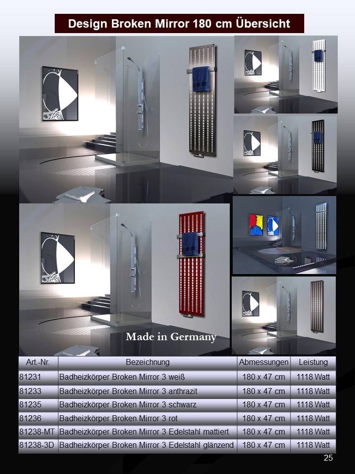 Szagato BADHEIZKÖRPER Design broken Mirror 3 180x47cm 1118 Watt Edelstahl 3D poliert (+1 Halter 15mm) SZAGATO Designheizkörper Mittelanschluss Handtuchwärmer Fabrik Onlineshop