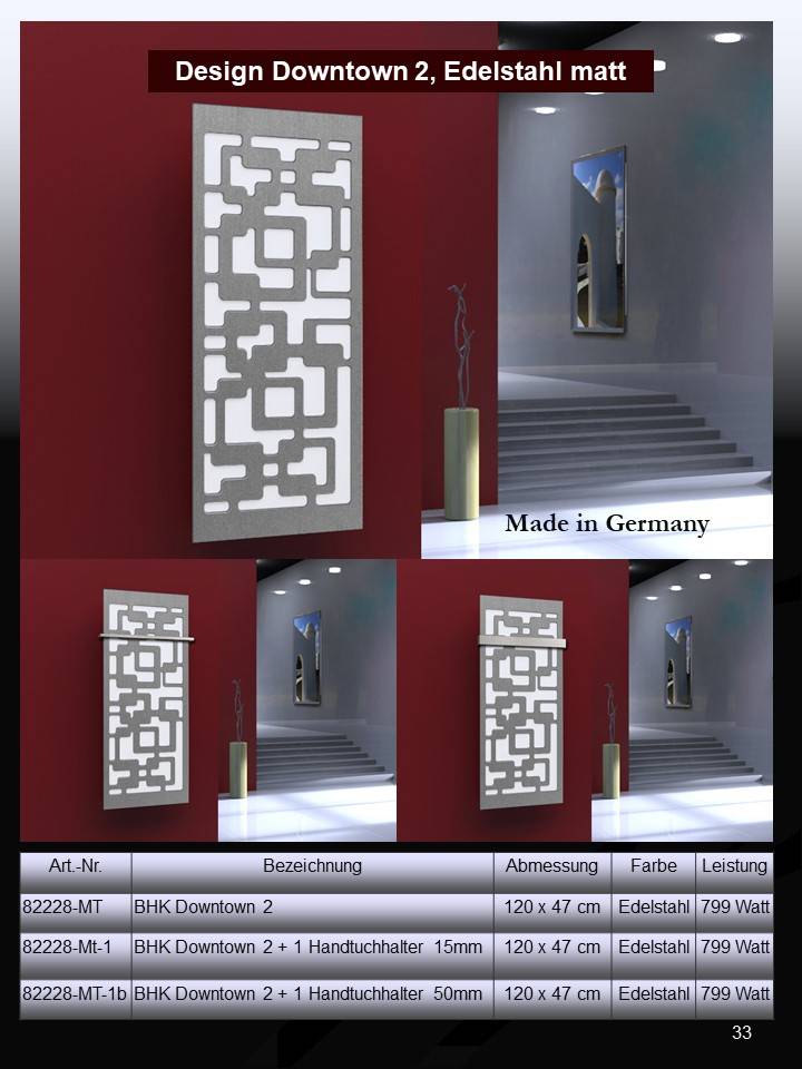 Szagato BADHEIZKÖRPER Design Downtown 2 120x47cm 799 Watt Edelstahl matt (+1 Halter 15mm) SZAGATO Bad Wohnraum-Heizkörper (Mittelanschluss) Nur noch ein Tag übrig