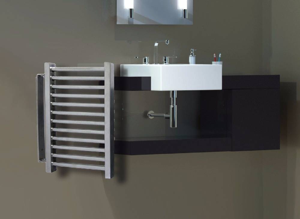 Szagato BADHEIZKÖRPER Design Köln schwenkbar 50x35cm Edelstahloptik inkl. 150 Watt Heizstab Marke SZAGATO Bad Heizkörper (Seitenanschluss)