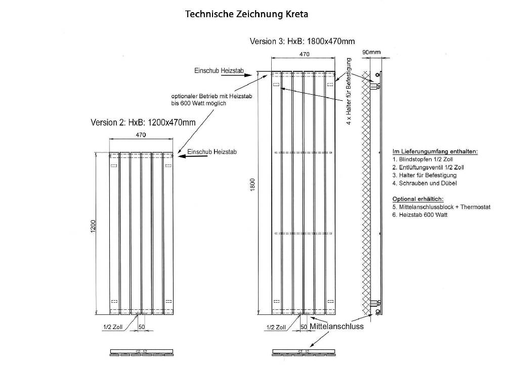 Szagato BADHEIZKÖRPER Design Kreta 3 180x47cm 1118 Watt anthrazit moonstone weiß (+1 Halter 15mm) SZAGATO Designheizkörper mit Mittelanschluss Handtuchwärmer Osterangebot