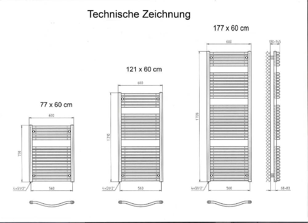 Szagato BADHEIZKÖRPER Design Mannheim 3 177x60cm 1471 Watt Edelstahloptik SZAGATO Handtuchheizkörper mit Seitenanschluss Handtuchwärmer mit Seitenanschluss Auslauf