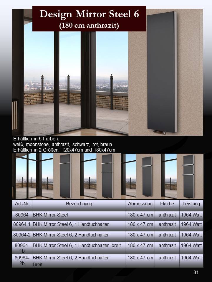 Szagato BADHEIZKÖRPER Design Mirror Steel 6 180x47cm 1964 Watt anthrazit SZAGATO Designheizkörper Handtuchheizkörper mit Mittelanschluss Handtuchwärmer Outlet