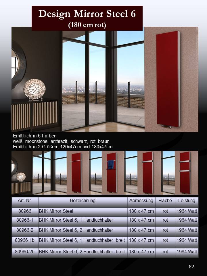 Szagato BADHEIZKÖRPER Design Mirror Steel 6 180x47cm 1964 Watt rot SZAGATO Designheizkörper Handtuchheizkörper mit Mittelanschluss Handtuchwärmer Verkauf