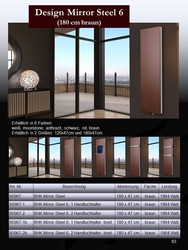Szagato BADHEIZKÖRPER Design Mirror Steel 6 180x47cm 1964Watt braun +1 Halter 15mm SZAGATO Designheizkörper Handtuchheizkörper Mittelanschluss Handtuchwärmer