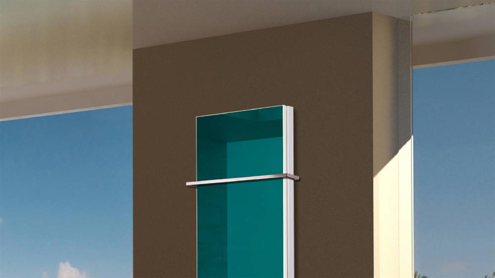 Szagato BADHEIZKÖRPER Glas Montevideo 5 Glasfront 120x47cm 1458Watt türkis +1 Halter 15mm SZAGATO Designheizkörper Handtuchheizkörper mit Mittelanschluss Sonderangebot der Fabrik