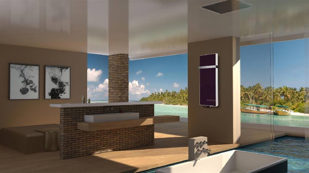 Szagato BADHEIZKÖRPER Glas Montevideo 5 Glasfront 120x47cm 1458Watt violett +1 Halter 50mm SZAGATO Designheizkörper Handtuchheizkörper mit Mittelanschluss Vierteljährliche Förderung