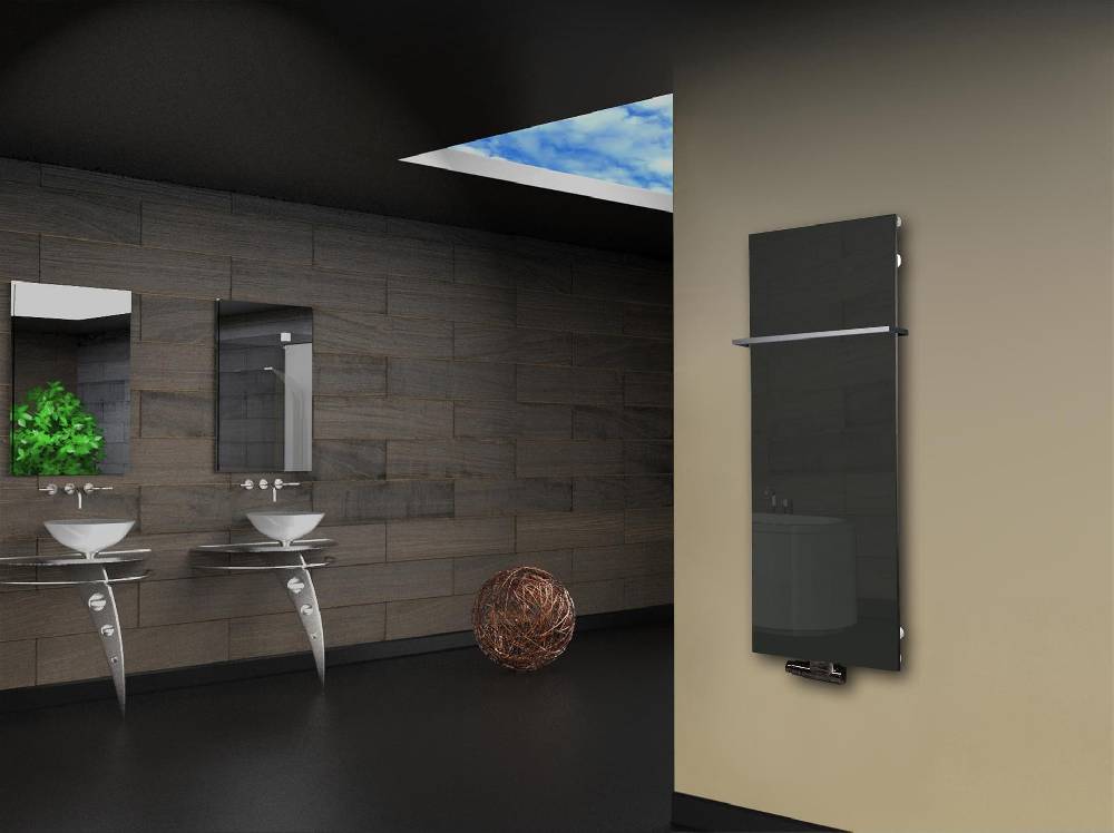 Szagato Badheizkörper mit Glas Design Montevideo 2 (Glasfront) 120x47cm 799 Watt anthrazit - moon +1 Halter 15mm SZAGATO Designheizkörper mit Mittelanschluss Speichern exportieren