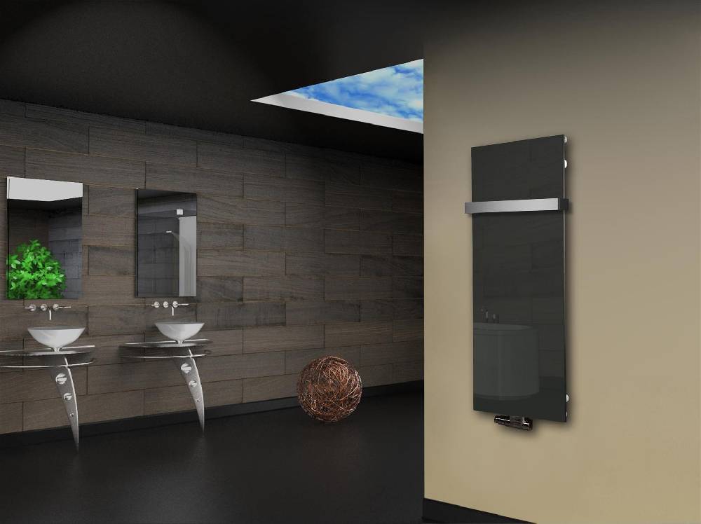 Szagato Badheizkörper mit Glas Design Montevideo 2 (Glasfront) 120x47cm 799 Watt anthrazit - moon +1 Halter 50mm SZAGATO Designheizkörper mit Mittelanschluss Black Friday Preise