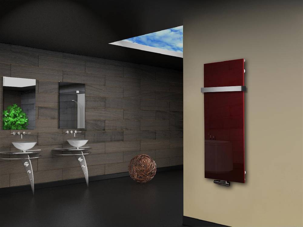 Szagato Badheizkörper mit Glas Design Montevideo 2 (Glasfront) 120x47cm 799 Watt rot (+1 Halter 50mm) SZAGATO Designheizkörper Mittelanschluss Handtuchwärmer Im Verkauf