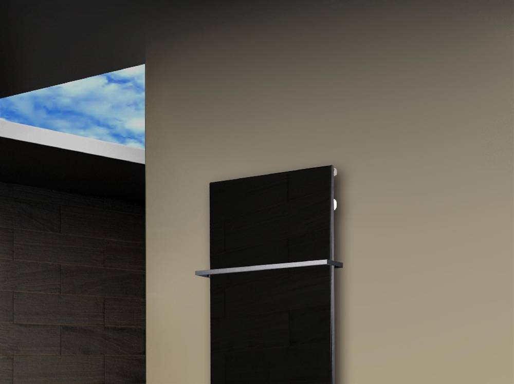 Szagato Badheizkörper mit Glas Design Montevideo 2 (Glasfront) 120x47cm 799 Watt schwarz (+1 Halter 15mm) SZAGATO Designheizkörper mit Mittelanschluss zollfrei