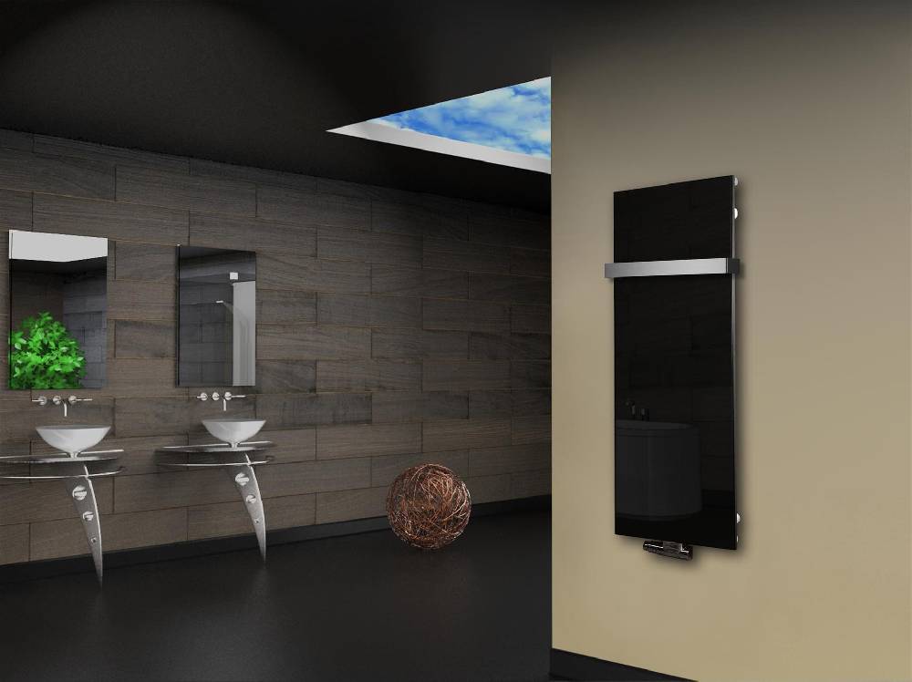Szagato Badheizkörper mit Glas Design Montevideo 2 (Glasfront) 120x47cm 799 Watt schwarz (+1 Halter 50mm) SZAGATO Designheizkörper mit Mittelanschluss 50% Rabatt für begrenzte Zeit