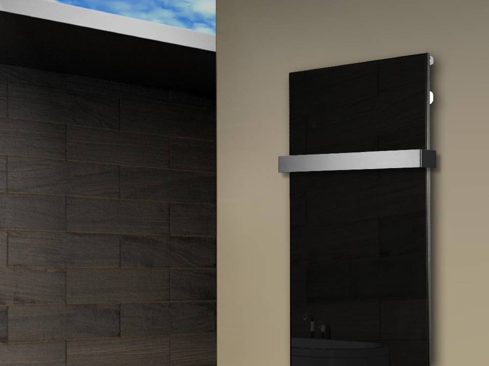 Szagato Badheizkörper mit Glas Design Montevideo 2 (Glasfront) 120x47cm 799 Watt schwarz (+1 Halter 50mm) SZAGATO Designheizkörper mit Mittelanschluss 50% Rabatt für begrenzte Zeit