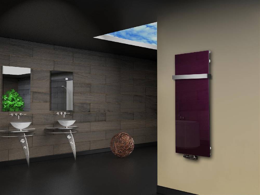 Szagato Badheizkörper mit Glas Design Montevideo 2 (Glasfront) 120x47cm 799 Watt violett (+1 Halter 50mm) SZAGATO Designheizkörper mit Mittelanschluss 2025