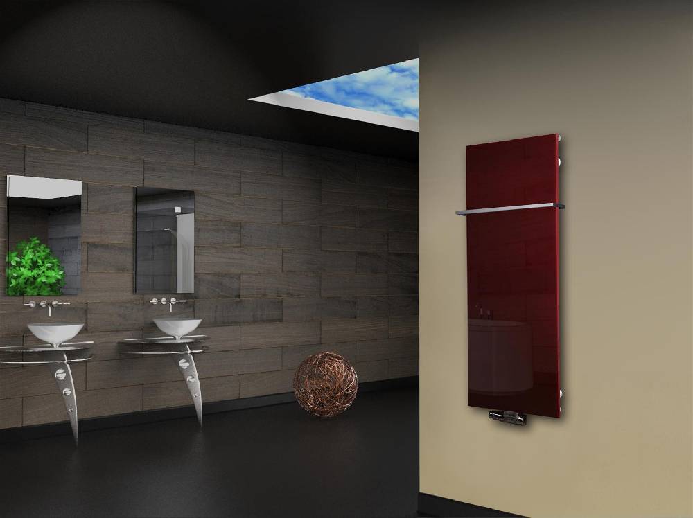 Szagato Badheizkörper mit Glas Design Montevideo 2 (Glasfront) 120x47cm 799Watt rot + 1 Halter Edelstahl 15x15mm SZAGATO Designheizkörper mit Mittelanschluss Online